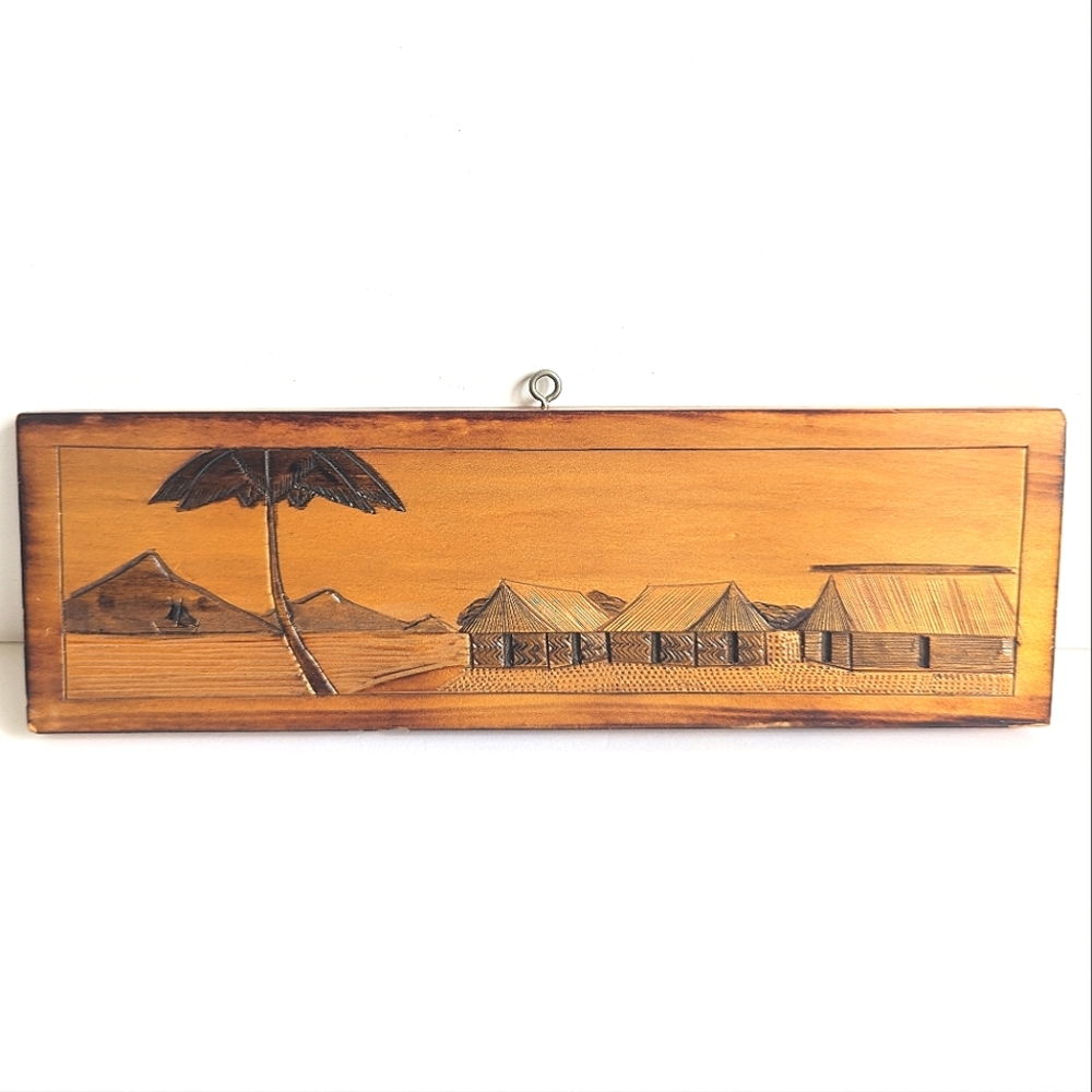FIJI Genuine Hand Carved Village Wood Plaque 🌴 Authentic L12" x H3.75"